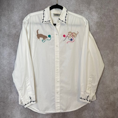 #ad Vintage 90’s Northern Reflections Embroidered Cat and Yarn Button Up Women’s M $29.99