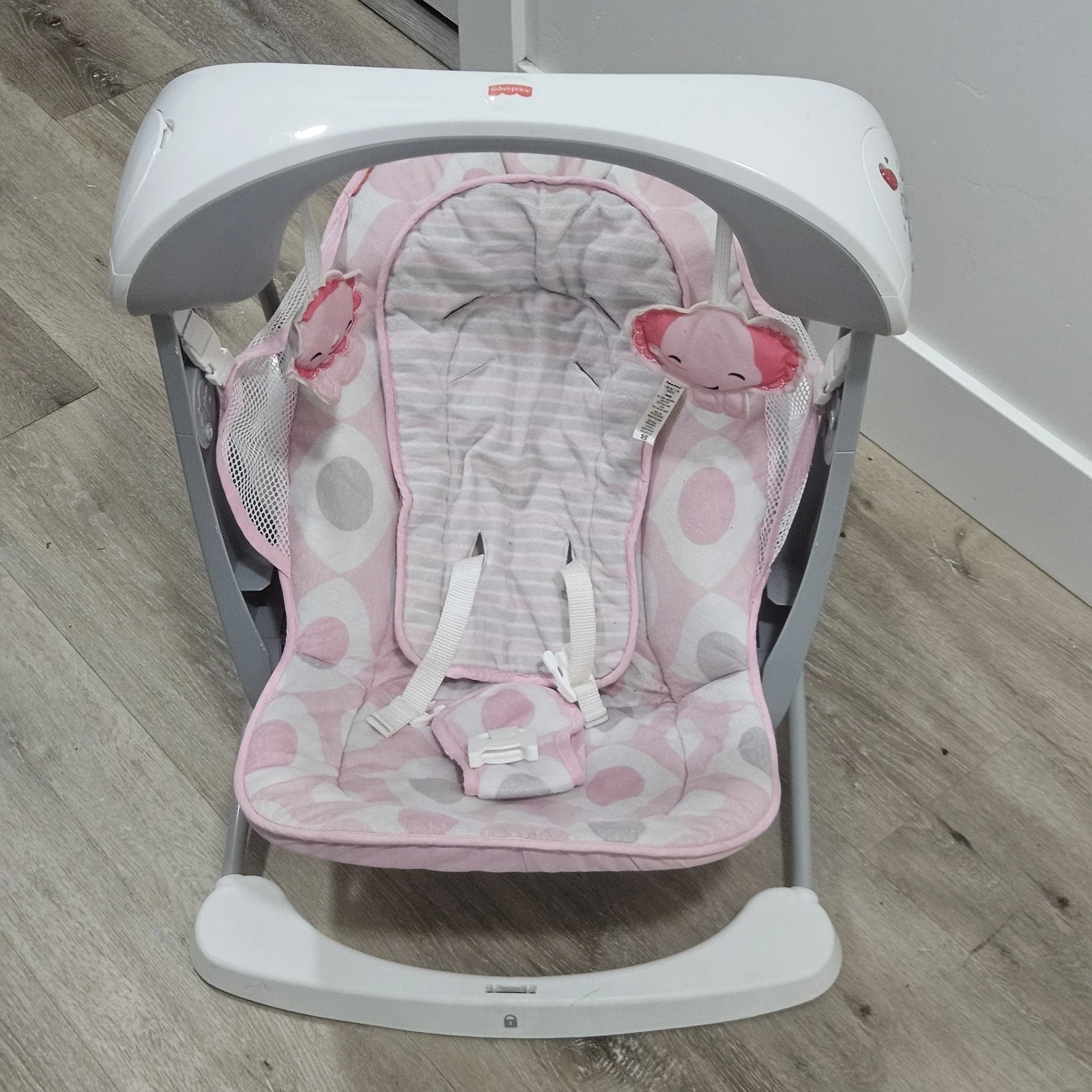 Fisher-Price Portable Foldable Baby Swing w/ Toy Bar Pink White Gray Infant