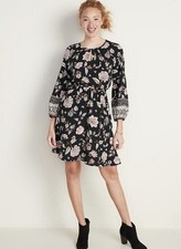 Old Navy Women's Dress Wasted Boho Black Floral XL Tall long sleeve Knee Length