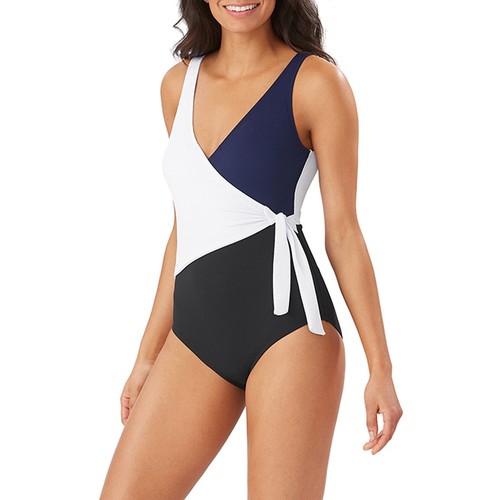 Tommy Bahama Color Block Scoop Back One Piece Swimsuit, Black, 10