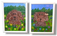 (x2) Puppy Dog Children's Paintings Pair Framed Signed 13.5x17.5