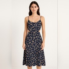 Reformation Floral Cut Out Dress Womens Small Navy Blue Brown Feminine Event