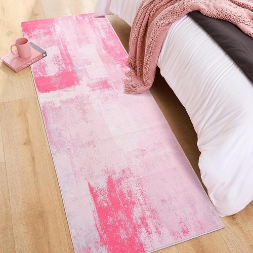 TRUEDAYS Runner Rug 2x6 Abstract Area Bathroom Rugs, Non 2 x 6ft, Pink - Picture 3 of 7