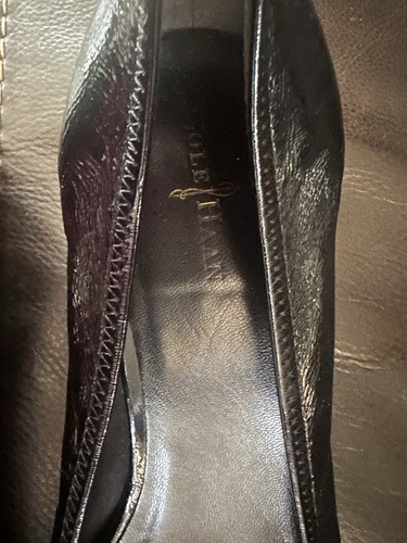COLE HAAN BLACK PATENT LEATHER WEDGES PEEP TOE SHOES WOMEN'S 9B MINT - Picture 4 of 7