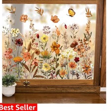 6 Sheets Vintage Wildflower Window Clings Brown Wild Floral Reusable Window D...