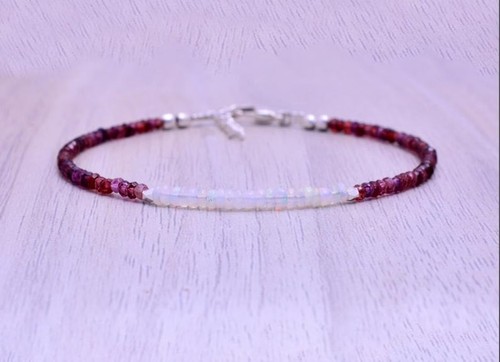 Fire Opal & Red Garnet 3-4MM Faceted Rondelle Gemstone Beads Women Bracelet 6-8" - Picture 5 of 10