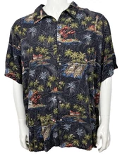 Vintage Batik Bay Hawaiian Shirt XXL Palm Tree Boat Print Blue Rayon Y2K Aloha