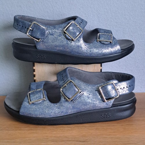 SAS Women’s 9.5 Relaxed Leather Comfort Sandals Metallic Silver Blue Made in USA - Picture 5 of 11