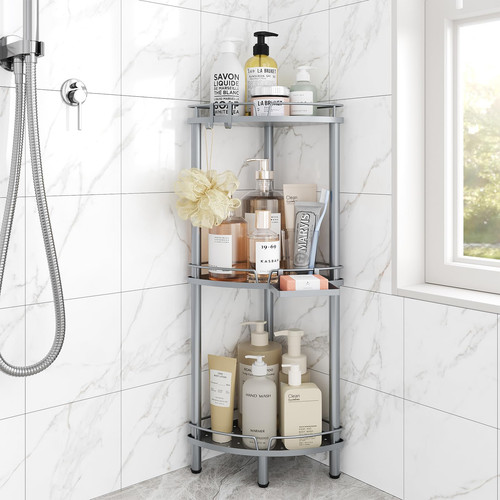 Corner Shower Caddy Standing, 3 Tier Rustproof Metal Shower Organizer with So...