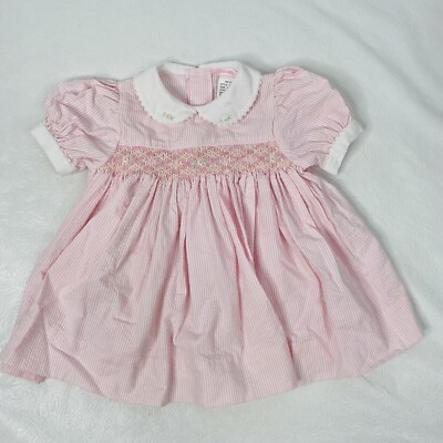 Vintage Jelly 'N Jam Sz 9mo Pink Striped Smocked Dress Embroidered Bib Collar