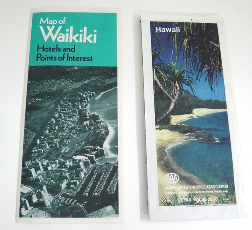 Hawaii AAA State Map 1990 and Waikiki Map w Hotels Points of Interest 1986 - Picture 1 of 5