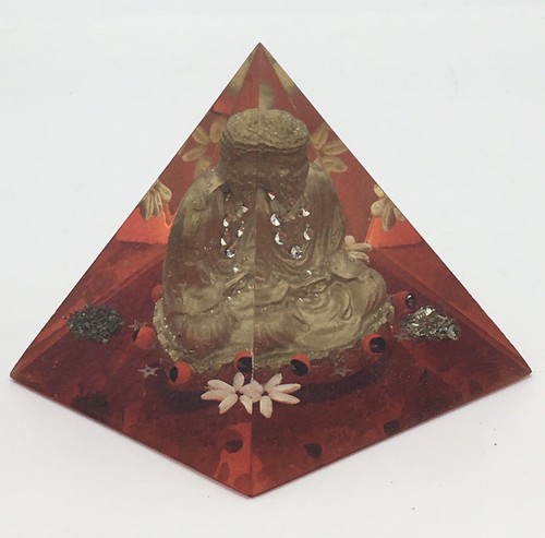 Orgone Pyramid Paperweight Red w Buddha Statue Flowers Acrylic Resin 3.25" - Picture 3 of 10