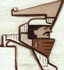 Unusual Baseball Pitcher Painting Decor Gift Beige & White Wall Art Unique