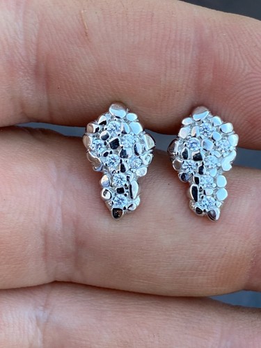 Mens Hip Hop Real Solid 925 Sterling Silver CZ Nugget Earrings Large Iced Studs - Picture 12 of 13