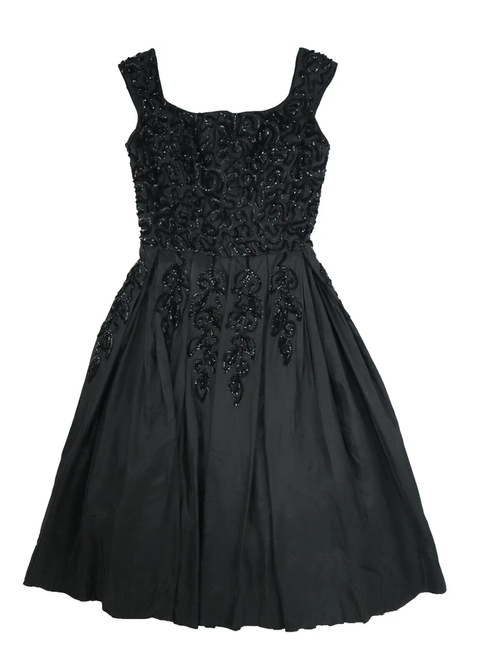 Vestido de fiesta midi vintage años 50 EMMA DOMB EE. UU. XS 2 negro con lentejuelas de tafetán Foto 3 de 4