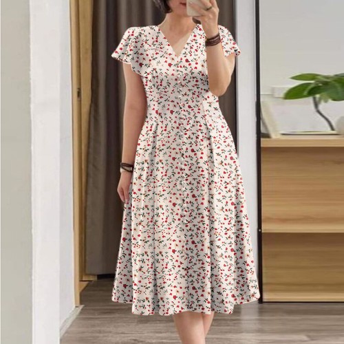 Women Summer Floral Printed V-Neck Short Sleeve Holiday Casual Loose Midi Dress - Picture 12 of 13