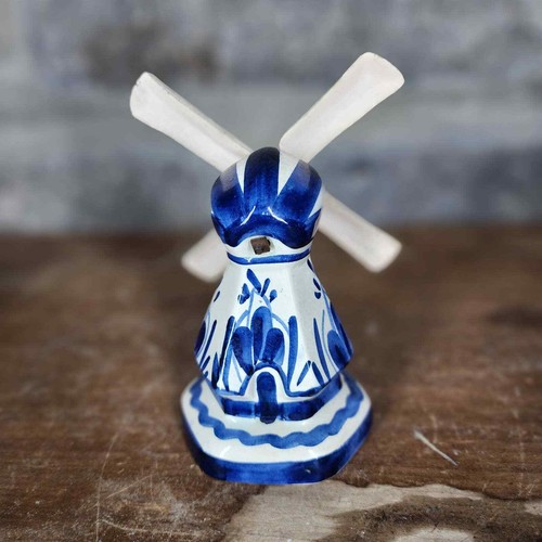DELFT Holland Windmill Music Box Blue White Moving Blades Ceramic 6 in - 第 4/5 張圖片