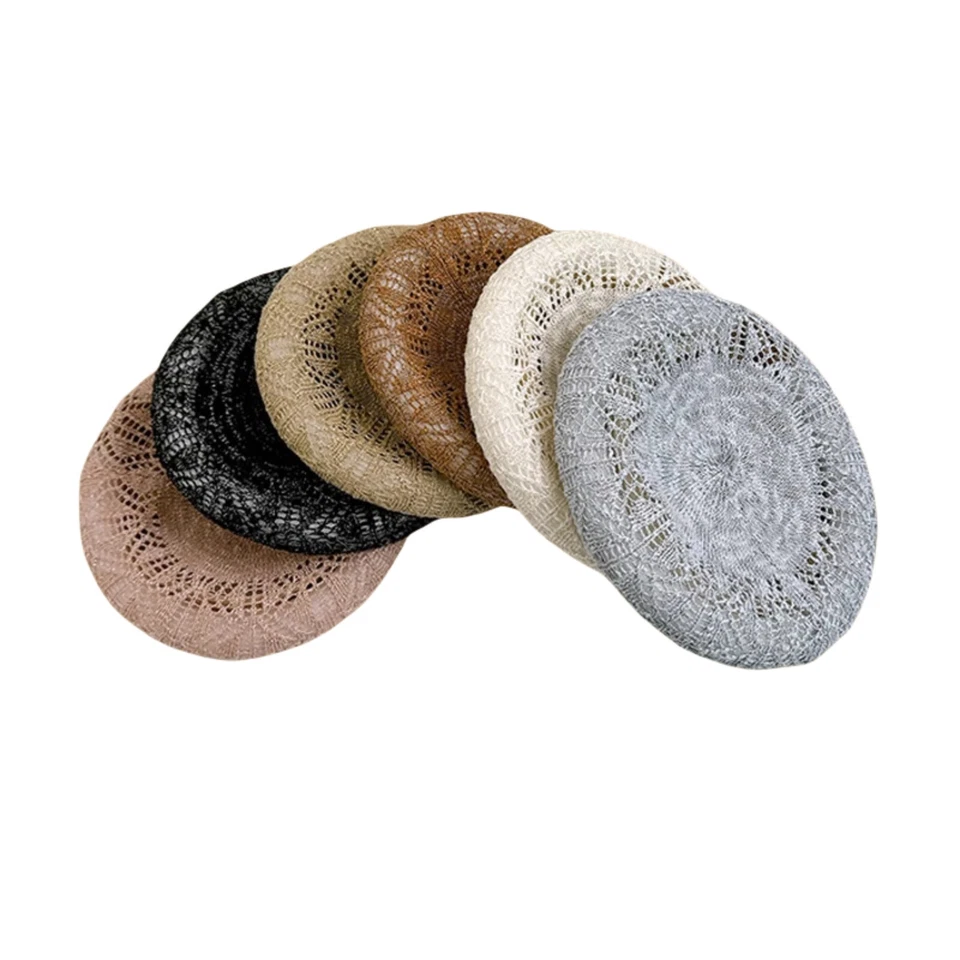 Fashion Women Lightweight Breathable Hollow Hat Summer Knitted Beret Painter Cap - Image 3 of 4