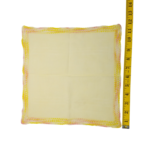 Vintage Yellow Handkerchief Pink Yellow Ombre Crochet Border Dresser Scarf Hanky - Picture 6 of 6