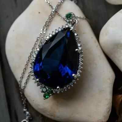 4.00Ct Pear Cut Lab Created Blue Sapphire Women's Pendant 14K White Gold Plated