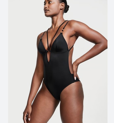 NUEVO Traje de Baño Victoria's Secret Anillos Tirantes Una Pieza Negro Talla XL Para Mujer
