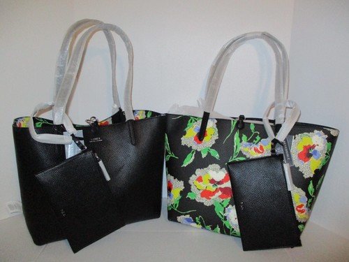 Ralph Lauren Reversible XL Tote Shoulder-Bag with Wristlet Black /Floral Leather