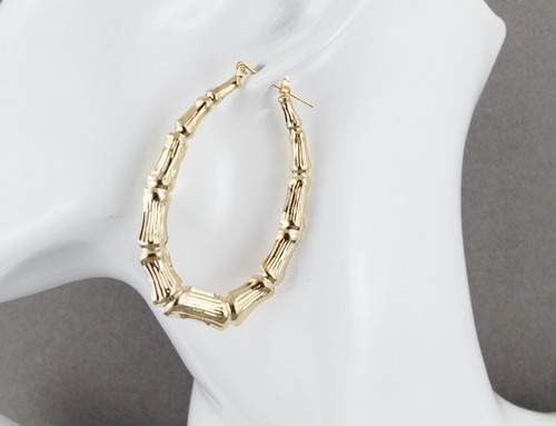 Gold oval hoops earrings bamboo door knocker hoop hollow metal 2 3/8" long - Picture 3 of 11