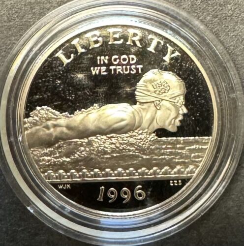 1996 ATLANTA OLYMPICS 2-COIN PROOF SET-Silver dollar-high jump/clad half $-swim - Picture 5 of 5