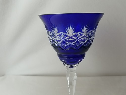 Bohemian Crystal Cobalt Blue TALL Wine goblet Glass Cut to Clear 8.25” - Picture 2 of 7