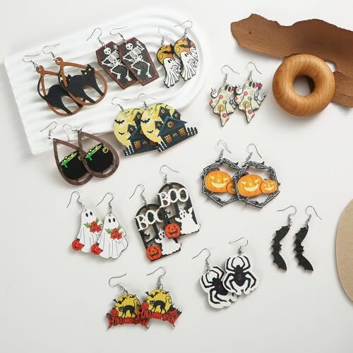 24PCS Wooden Halloween Dangle Earrings for Women, Pumpkin Earrings Boo - Imagen 2 de 5