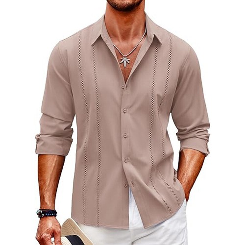 Mens Casual Lapel Neck Shirts Men Holiday Regular Fit Long Sleeve Blouse - Imagen 17 de 18