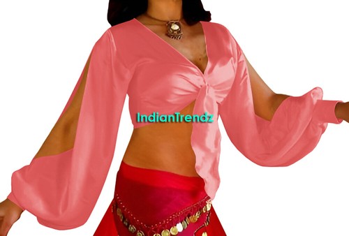 Satin Tie Top Belly Dance Harem Slit Sleeve Wrap Choli Gypsy Haut Blouse Bluse - Picture 24 of 43