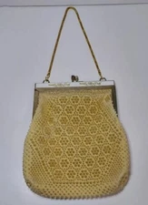 MGI Beaded Purse Evening Bag Handbag Yellow With Gold Beads Hong Kong Vtg