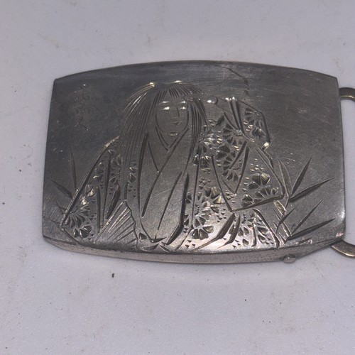 950 Sterling Silver Antique Japanese Engraved Samurai Japanese Belt Buckle - Picture 2 of 7