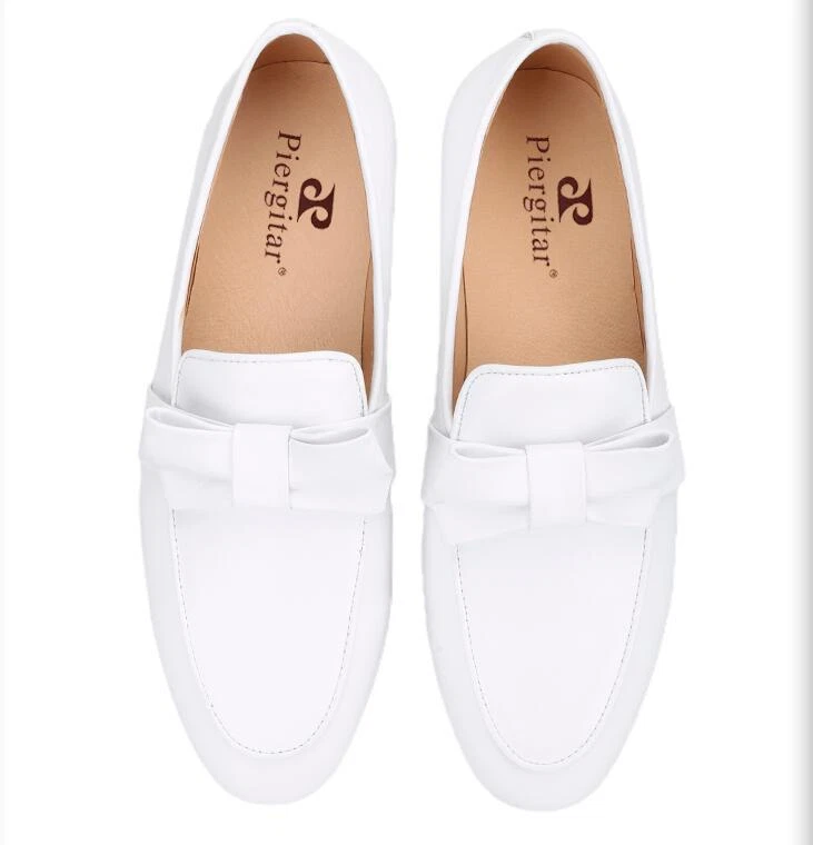 Men's Fashion Round Toe Bowknot White Leather Loafers Groom Wedding Dress Shoes - Image 3 of 4