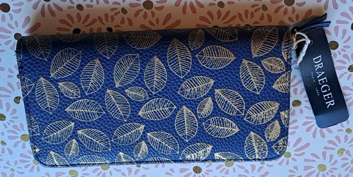 NEW - DRAEGER PARIS LARGE PURSE - NAVY BLUE WITH GOLD LEAVES - Picture 2 of 7