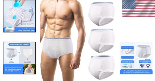 3-Pack Men's Washable Incontinence Underwear with Leakproof Cotton Pad - X-Large - Picture 2 of 9