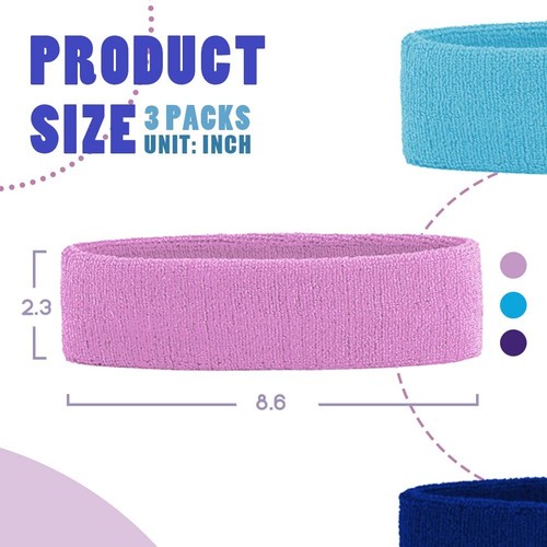 3 Pack Men & Women Sweatband Headband Terry Cloth Moisture Wicking for Sports - Picture 4 of 6