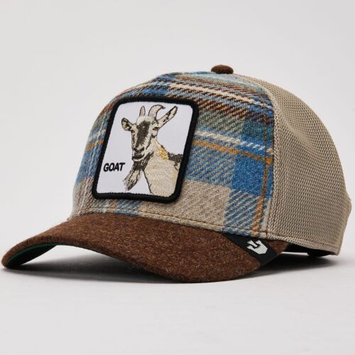 Goorin Animal Farm Trucker Baseball Snapback Hat Cap Moon Goat Tan Plaid Wool - Picture 2 of 4