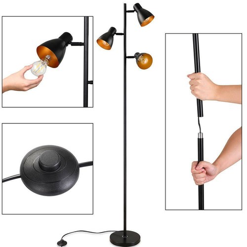 Lampada Piantana Terra Design Moderno Industriale Metallo 3 Luci Nero oro 166cm - Foto 4 di 5