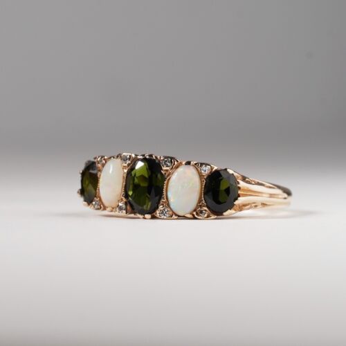 Vintage White Opal Green Tourmaline Victorian Bridge Ring 9ct Gold Size R.5 / 9 - Picture 3 of 12