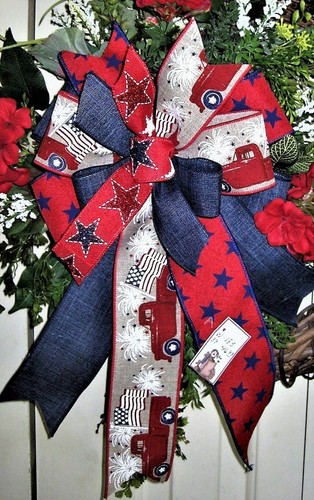 JULY 4th MEMORIAL DAY TRUCK BOW WIRED RIBBON for DOOR WREATH MAIL # 183 rb - Picture 2 of 2