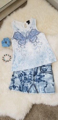 Girl's Vanilla Star Tie Dye Denim Skirt, Embellished Tank, Bracelet, Scrunchie  - Picture 1 of 10
