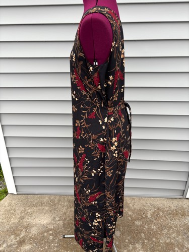 Maxi Vestido Carmen Lee Negro con Hoja Floral Marrón y Rojo Para Mujer L Vintage Años 90 - Imagen 4 de 7