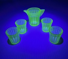Vtg Akro Agate 5-Pc Green Uranium Glass Children's Dishes, 1 Pitcher, 4 Cups