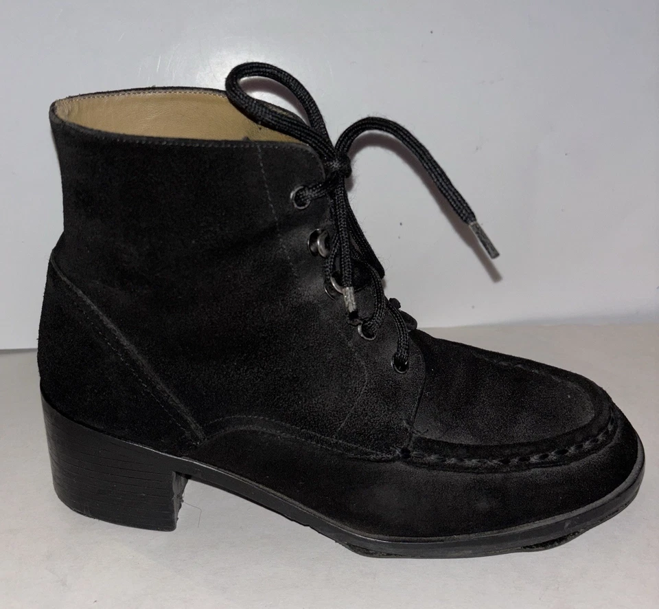 9 & Co 黑色麂皮绒系带踝靴女式 7.5 块跟脚趾户外服装 — 第 2/4 张图片