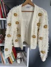 Mighty Fine Pom Pom Sweater Loopy Cream Gold Christmas Party Fun New Years S