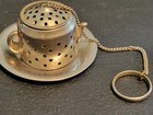 TEA DIFFUSER STRAINER VINTAGE JAPAN TEAPOT SHAPE ALUMINUM WITH TRAY