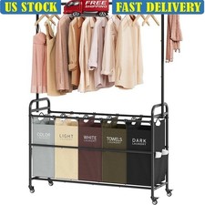 2-in-1 Rolling Laundry Cart W/ Hanging Rack 5 Section Sorter Removable Bags New