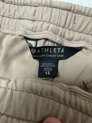 Athleta Womens Farallon Cargo Crop Pants Sz 14 Tan Elastic Waist Pockets - Picture 5 of 12